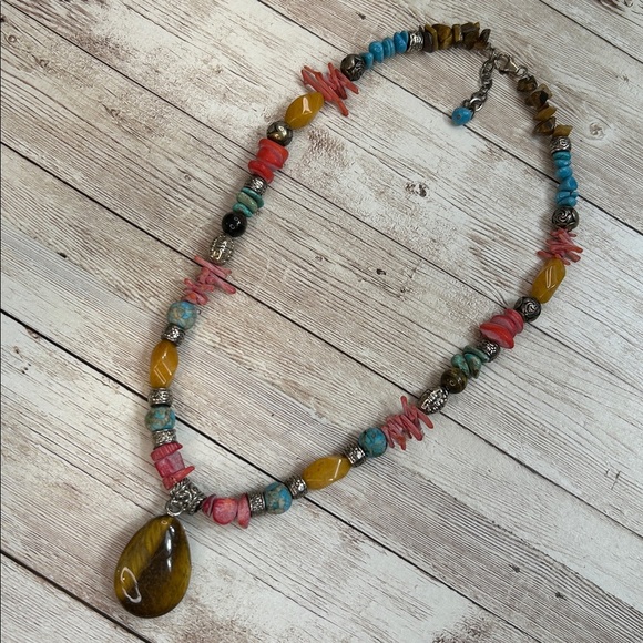 Gorgeous Coral, Turquoise and 925 Necklace with Tigers Eye Stone Pendant